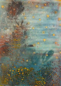 Abstract painting with swirling blue, orange, red patterns and yellow stars on a textured surface.