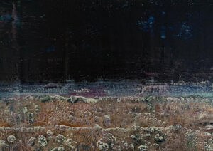 Abstract painting with dark upper section and textured earthy tones below, resembling terrain.