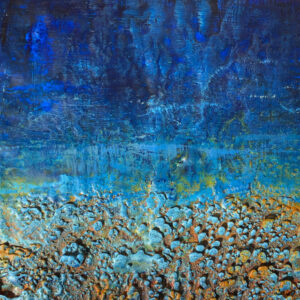 Abstract painting with blue hues, earthy tones, and textured rust-like orange-brown elements.