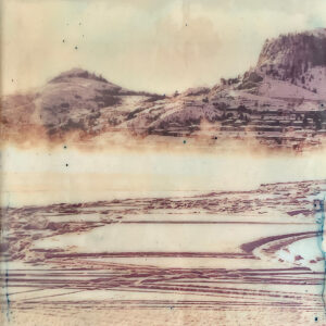 Tiered terraces filled with water against hills, vintage faded beige and sepia tone.