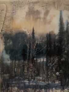 Forest with snow-dusted evergreens and cloudy sky, textured artistic finish.