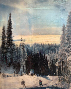Winter scene with two people on snowy path, surrounded by tall pine trees and cloudy sky.