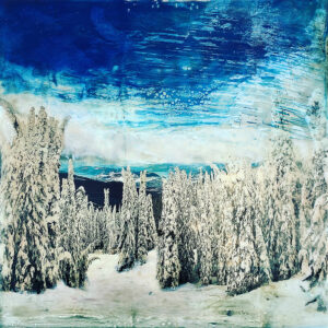 Snowy forest landscape with snow-covered trees under a clear blue winter sky.