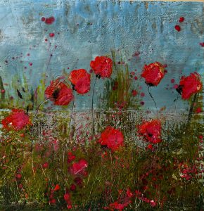 Vibrant painting of red poppies in a field against a textured blue sky with green foliage.