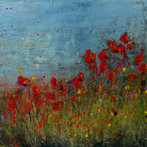 Red flowers in a field with blue sky, bold brushstrokes and vivid colors in the painting.