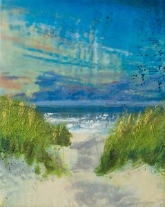 Beach pathway with green foliage leading to ocean, under blue sky and clouds in landscape painting.