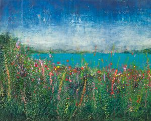 Colorful abstract landscape painting with greenery, flowers, blue water, and textured sky.