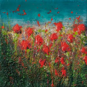 Field of red poppies with green foliage and blue sky, in a vibrant, impressionistic painting.
