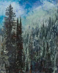 Densely forested landscape with tall evergreens and a textured blue-green sky background.