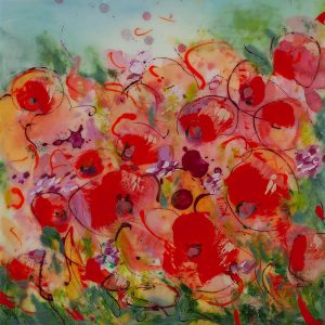 Flowertime - encaustic on cradle panel - 10 x 10"
