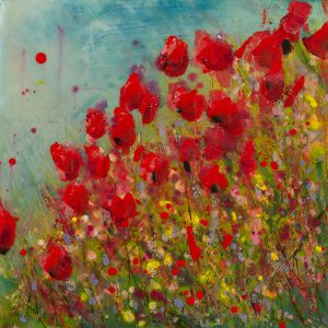 Poppy field - encaustic on cradle panel - 8 x 8"