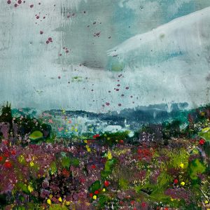 Abstract painting of dynamic landscape with textured sky, purple, red, green, and yellow hues.