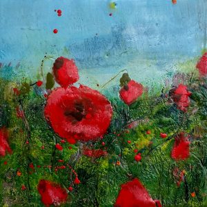 Happy poppies - encaustic on cradle panel - 6 x 6"