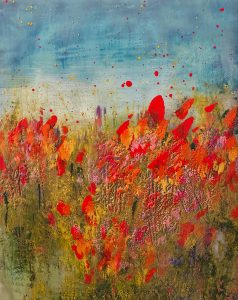 Abstract painting of colorful flowers and textured background with dynamic blue sky.