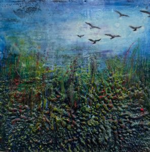 Fly away - encaustic on cradle panel - 8 x 8"