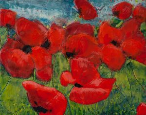 Poppies - encaustic on cradle panel - 11 x14"