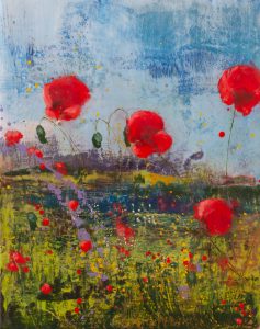 Poppy time - encaustic on cradle panel - 8 x 10"