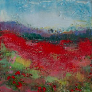 Wild Bloom; encaustic on cradle board; 8 x 8"